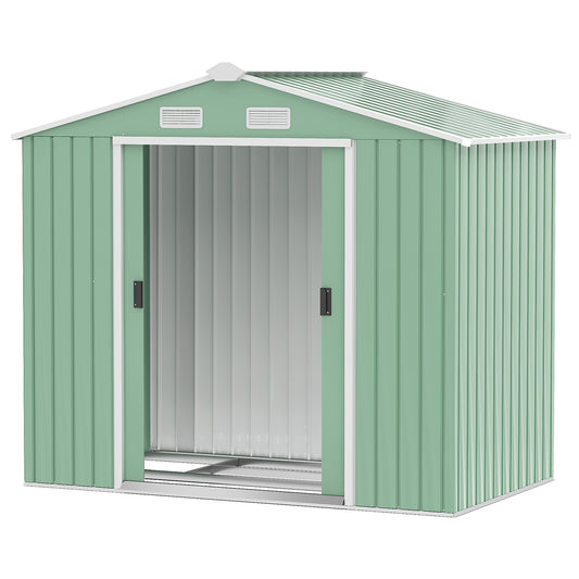 Outsunny 7ft x 4ft Lockable Garden Metal Storage Shed Large Patio Roofed Tool Storage Building Foundation Sheds Box Outdoor Furniture, Light Green - OutdoorBox