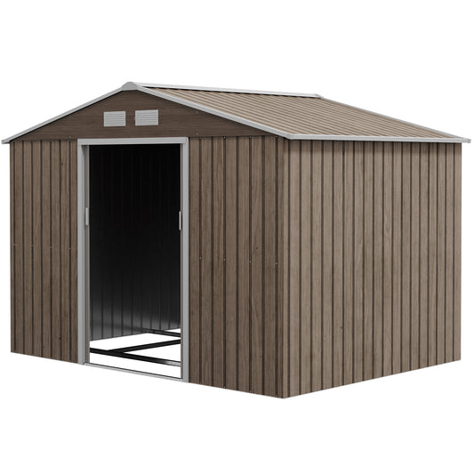 Outsunny 9 x 6ft Garden Metal Storage Shed, Outdoor Storage Tool House with Vents, Foundation and Lockable Double Doors, Brown - OutdoorBox