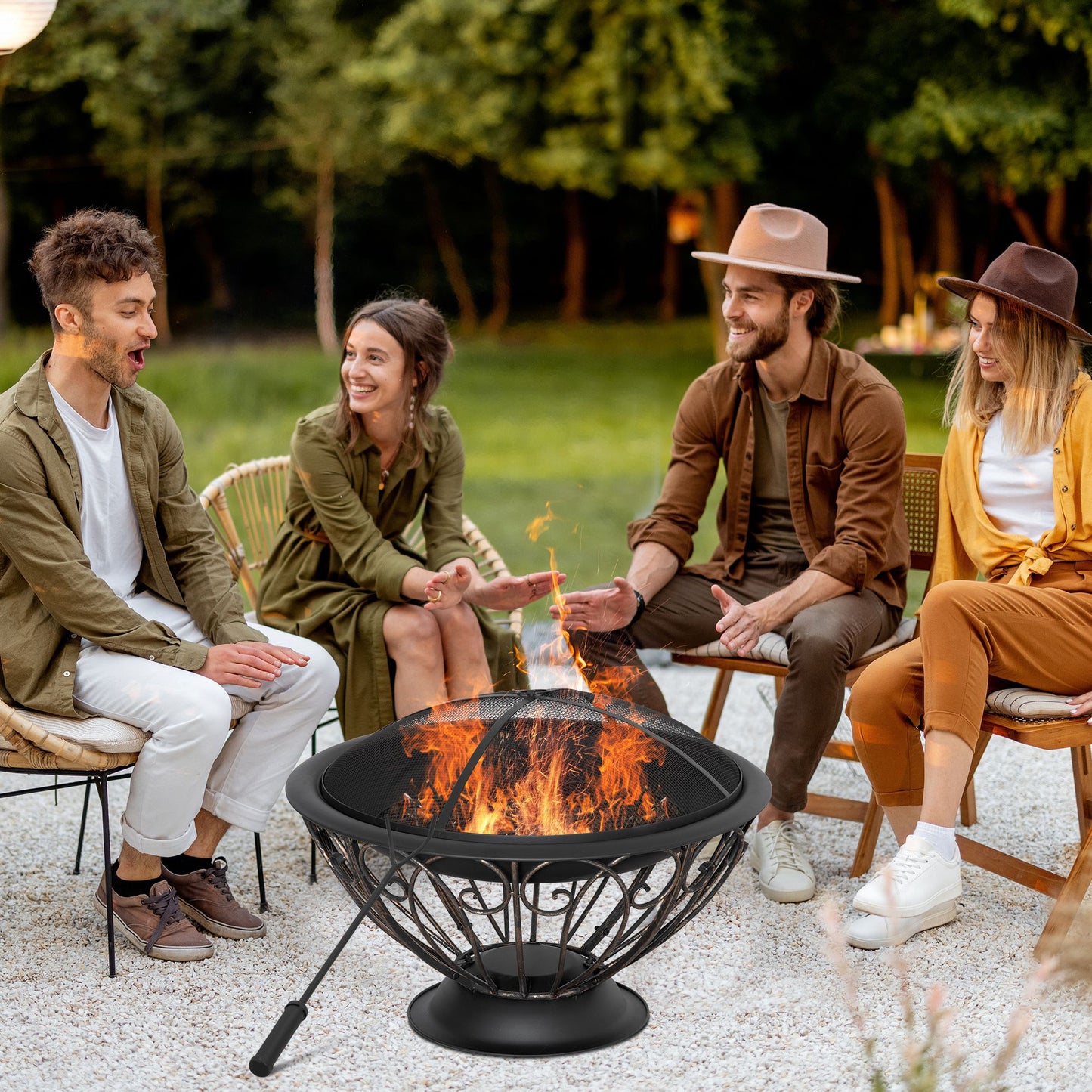 Outsunny Outdoor Fire Pit for Garden, Metal Fire Bowl Fireplace with Spark Screen, Poker, Log Grate and Rainproof Cover, Patio Heater, Bronze - OutdoorBox