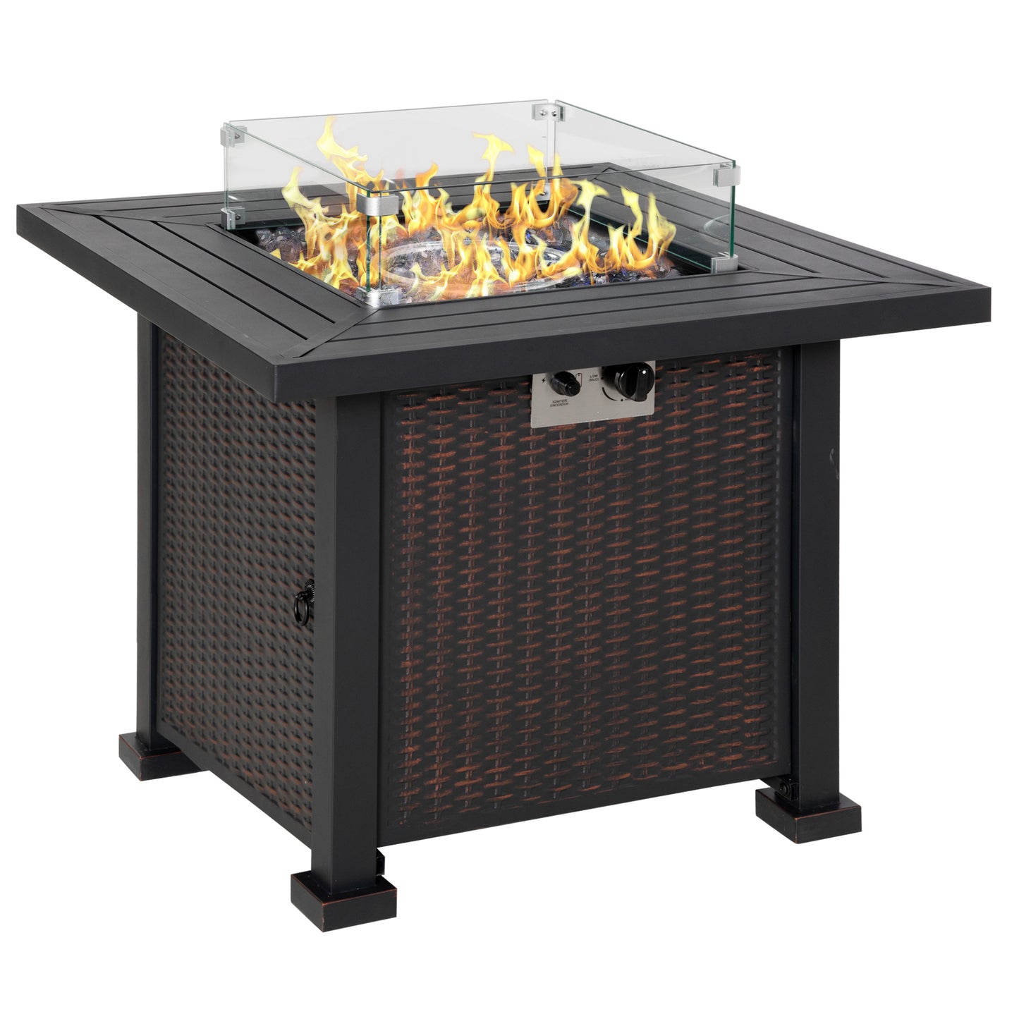 Outsunny Square Propane Gas Fire Pit Table, 50000 BTU Rattan Smokeless Firepit Patio Heater w/ Glass Screen, Beads and Lid, 82cm x 82cm x 66cm, Black - OutdoorBox