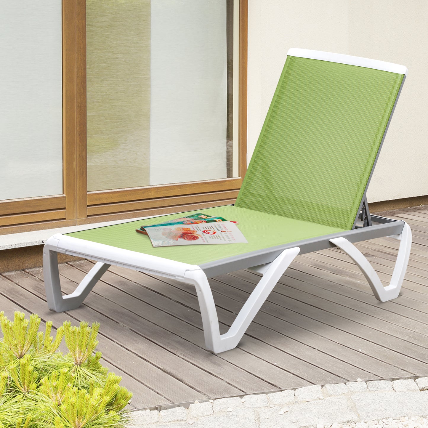 Outsunny Portable Outdoor Chaise Lounge Sun Lounger with Adjustable Back, Breathable Texteline, Green