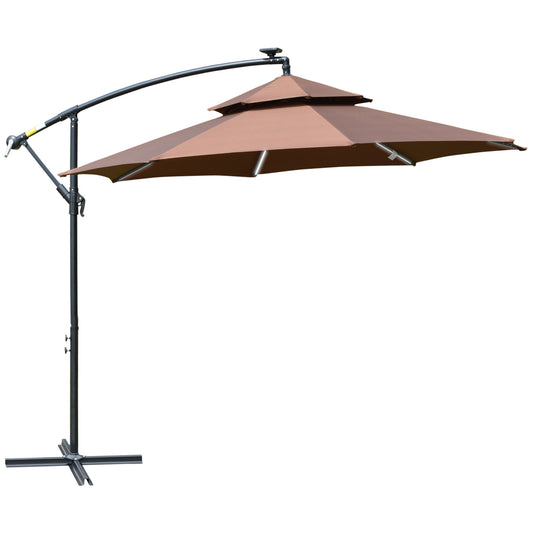 Outsunny 3(m) Cantilever Parasol Banana Hanging Umbrella with Double Roof, LED Solar lights, Crank, 8 Sturdy Ribs and Cross Base for Outdoor, Coffee