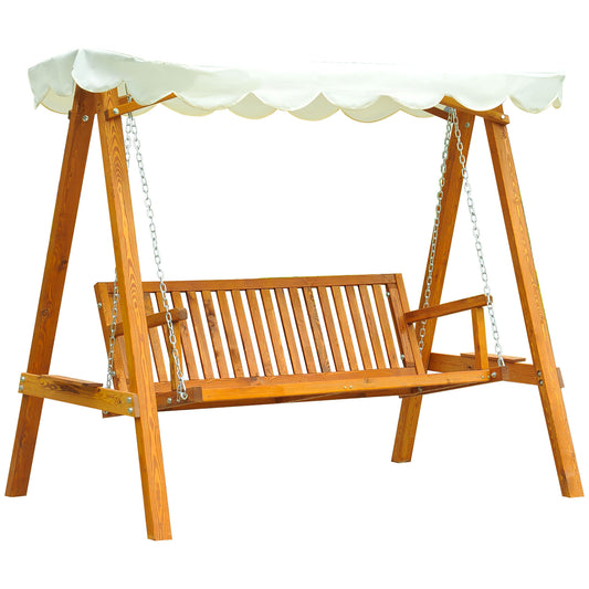 Outsunny 3 Seater Wooden Garden Swing Seat Swing Chair Outdoor Hammock Bench Furniture, Cream White - OutdoorBox