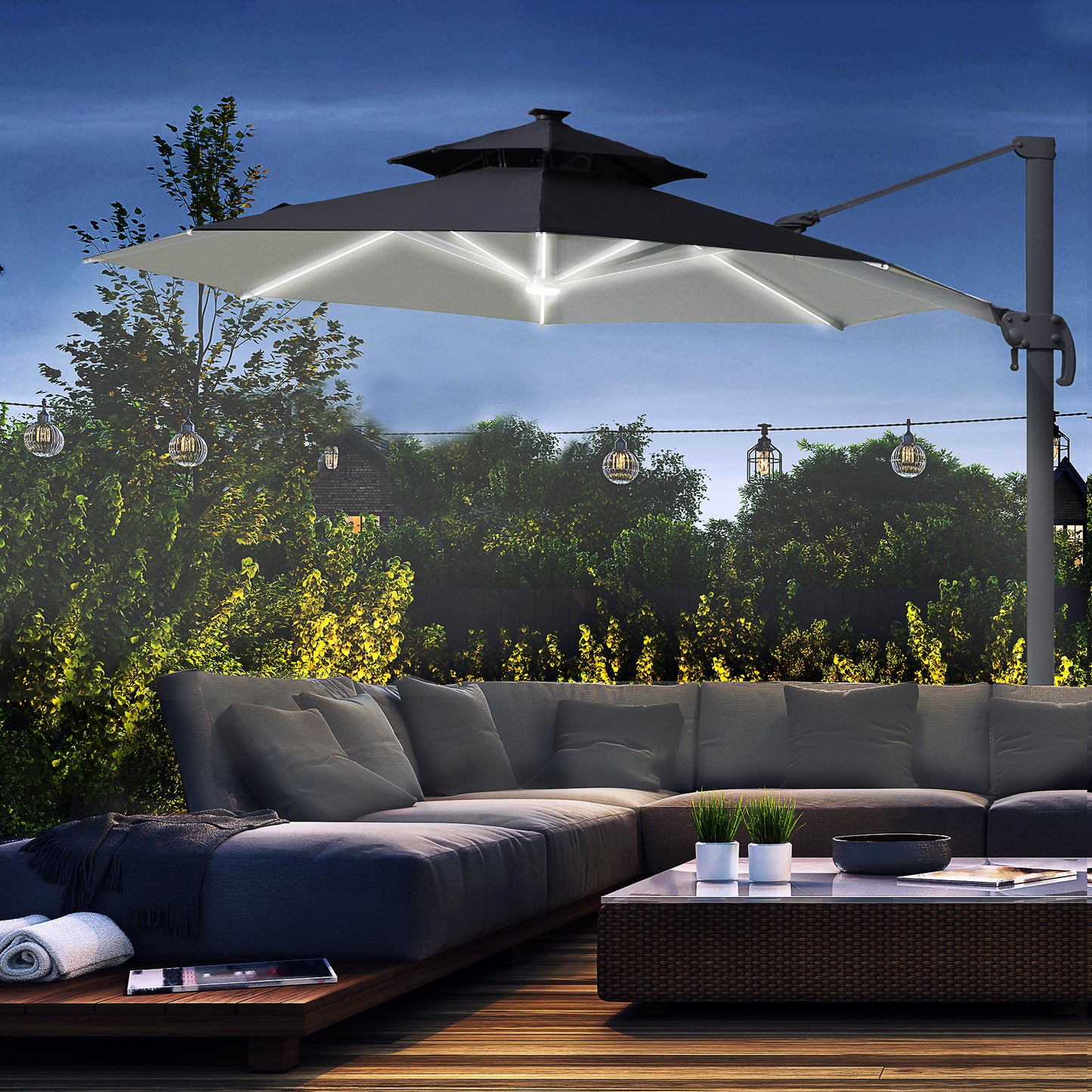 Outsunny 3m Cantilever Parasol w/ Solar Lights Power Bank Cross Base Adjustable Canopy 360� Spin Outdoor Garden Umbrella 2-Tier Roof Sun Shade Grey