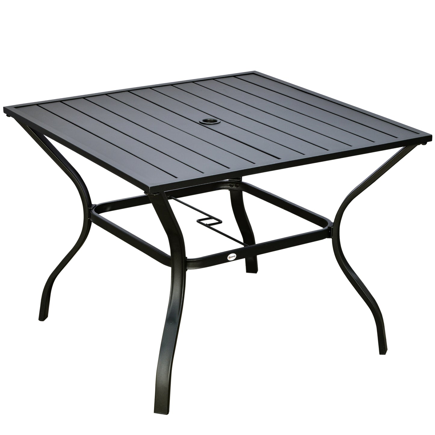 Outsunny Garden Table with Parasol Hole, Outdoor Dining Garden Table for Four, Square Patio Table with Slatted Metal Plate Top, Black