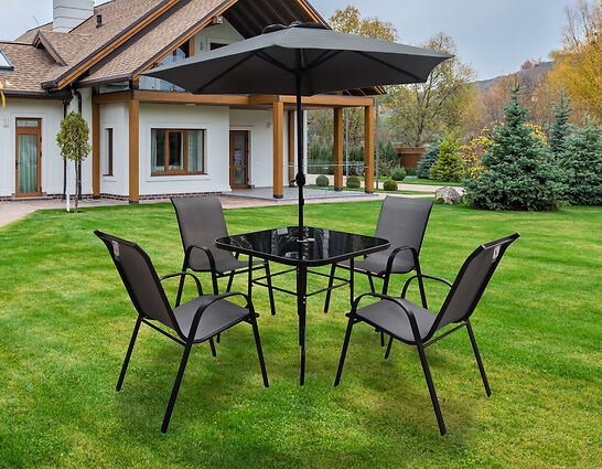 The Lancaster - Black & Grey Metal 4 Seat Garden Dining Set including Parasol