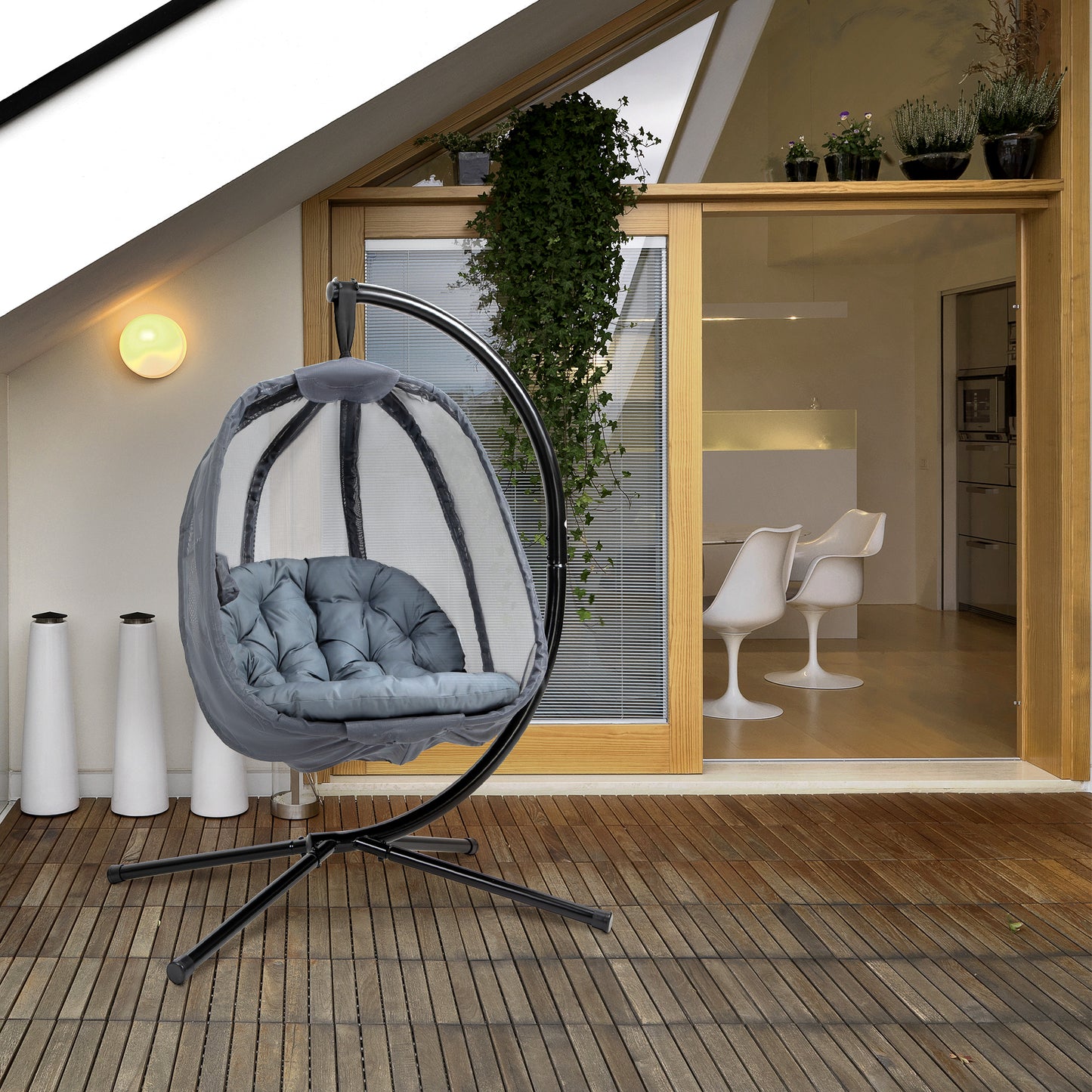 Outsunny Hanging Egg Chair, Folding Swing Hammock with Cushion and Stand for Indoor Outdoor, Patio Garden Furniture, Grey