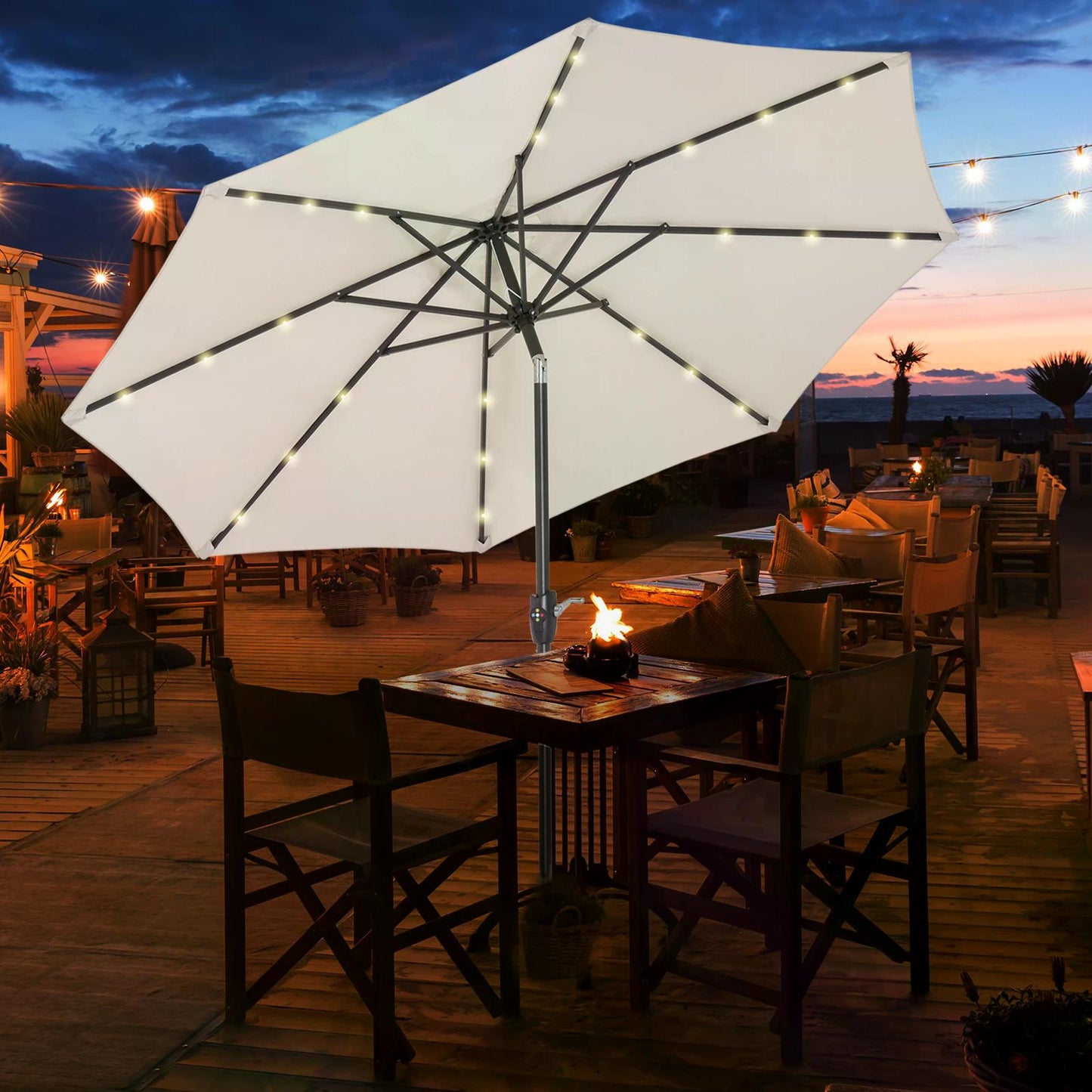 Outsunny Garden 24 LED Light Parasol Outdoor Tilt Sun Umbrella Patio Club Party Event Manual Sun Shade w/ Hand Crank Off-white - OutdoorBox