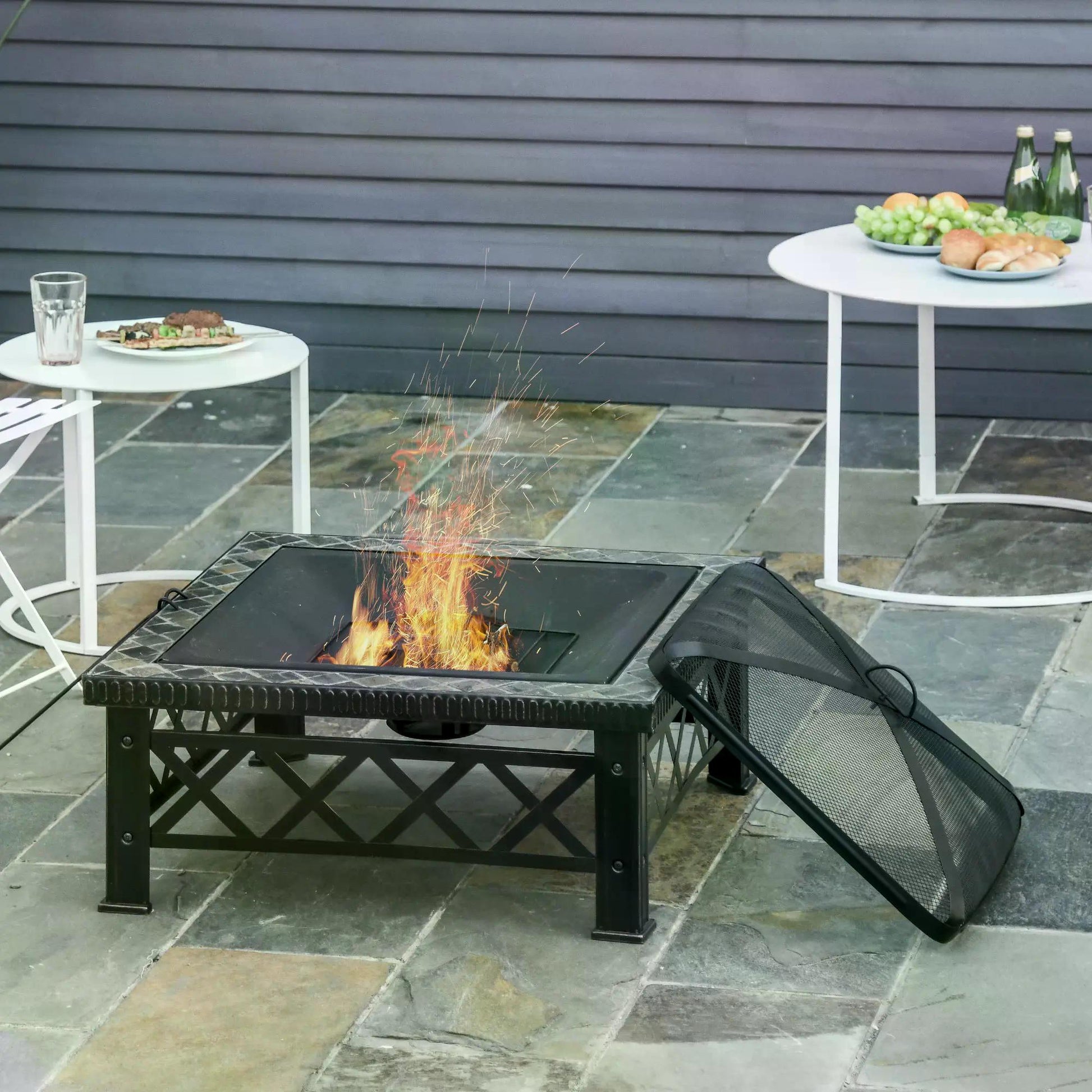 Outsunny 3 in 1 Square Fire Pit Square Table Metal Brazier for Garden, Patio with BBQ Grill Shelf, Spark Screen Cover, Grate, Poker, 76 x 76 x 47cm - OutdoorBox