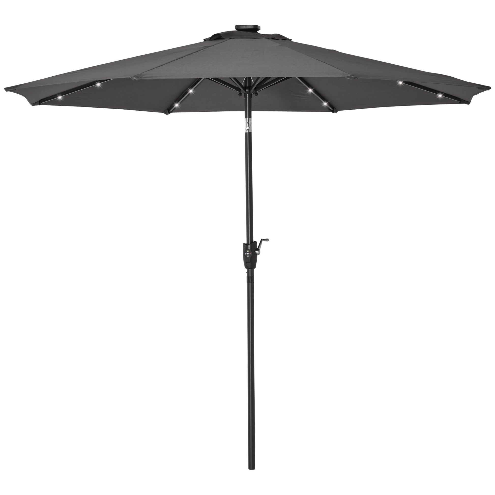 Outsunny Garden 24 LED Light Parasol Outdoor Tilt Sun Umbrella Patio Club Party Event Manual Sun Shade w/ Hand Crank Grey - OutdoorBox