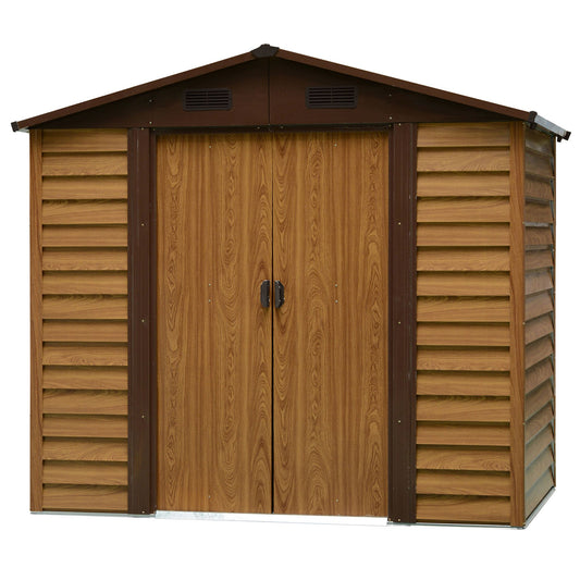 Outsunny 8 x 6.5 ft Metal Garden Storage Shed Apex Store for Gardening Tool with Foundation Ventilation and Lockable Door, Brown - OutdoorBox