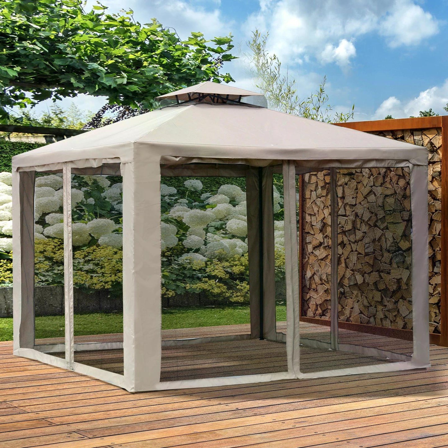 Outsunny Outdoor Garden Gazebo Tent, 2-tier Roof W/Netting, 295L x 295W x 263Hcm-Taupe