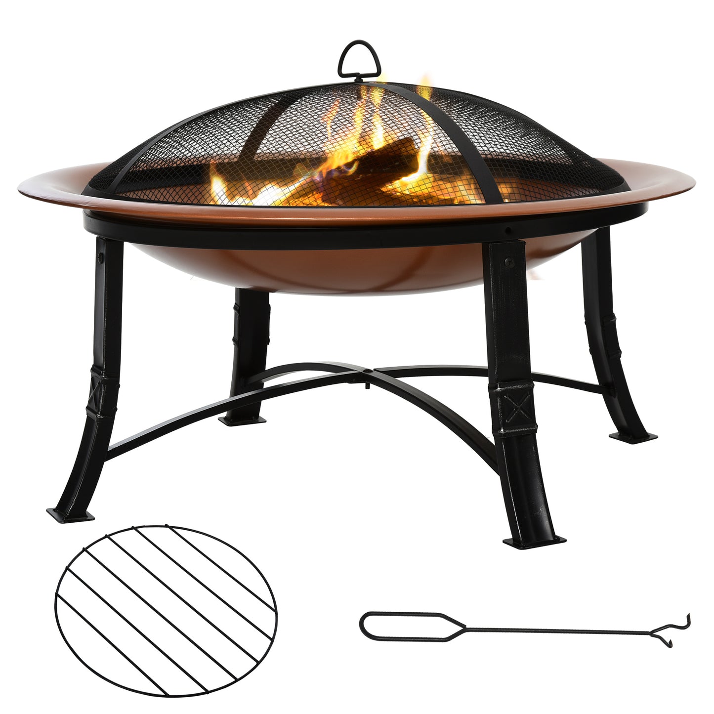 Outsunny Metal Large Firepit Bowl Outdoor Round Fire Pit w/ Lid, Log Grate, Poker for Backyard, Camping, Picnic, Bonfire, 76 x 76 x 49.5cm, Bronze - OutdoorBox