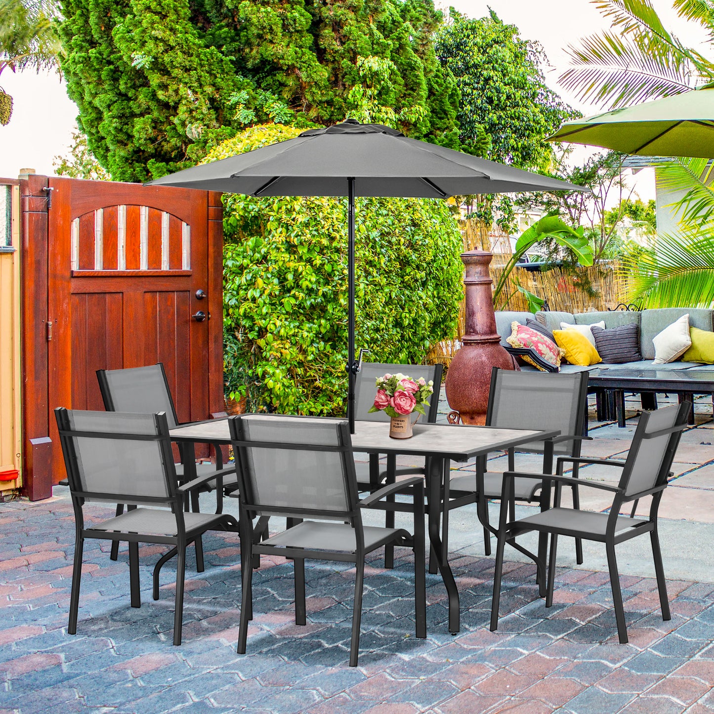 Outsunny 7 Piece Garden Dining Set, Armchairs and Table with Parasol Hole, 6 Seater Outdoor Patio Furniture with Texteline Seat for Backyard, Grey