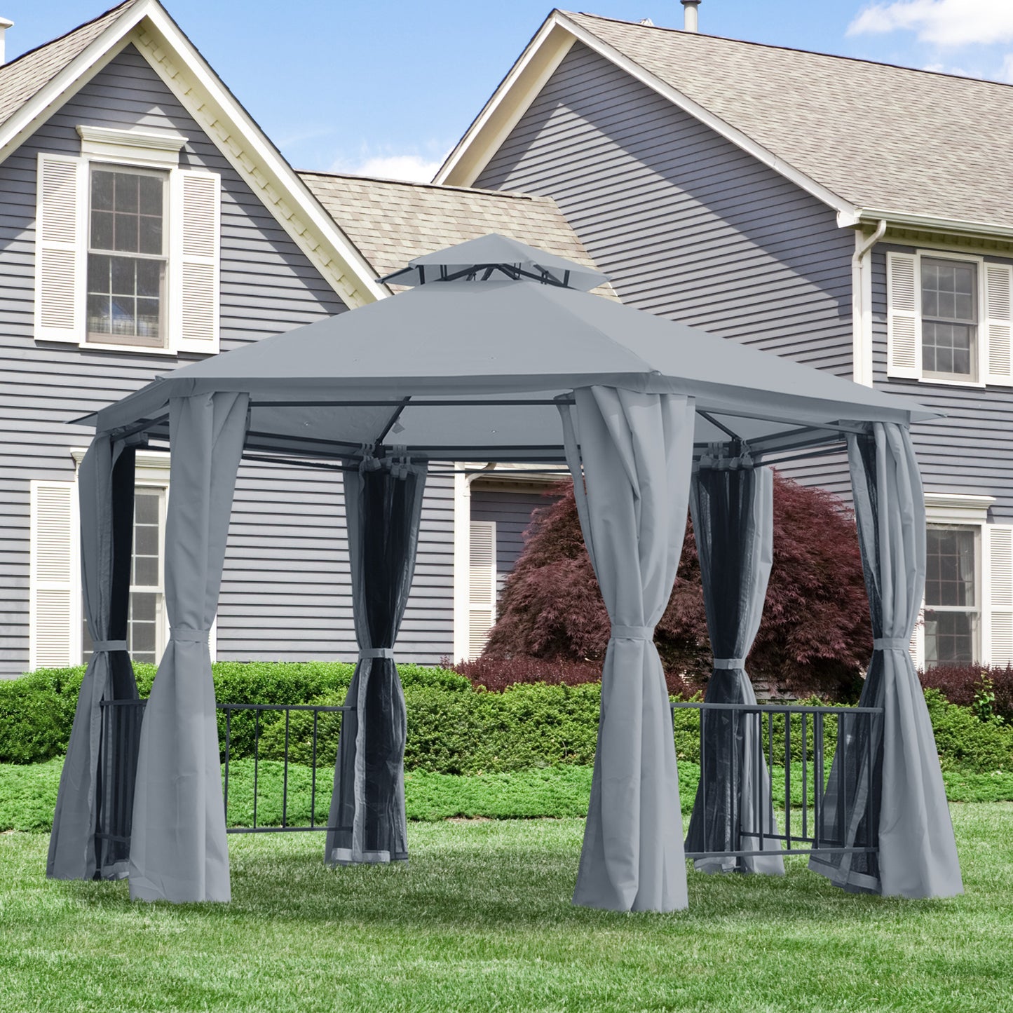 Outsunny Hexagon Gazebo Patio Canopy Party Tent Outdoor Garden Shelter w/ 2 Tier Roof & Side Panel - Grey