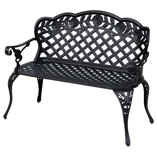 Outsunny Cast Aluminium Garden Bench Outdoor Patio 2 Seater High Back Chair Armrest Antique Style Black