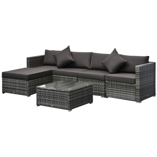 Outsunny 5-Seater Garden Patio Rattan Furniture Wicker Weave Conservatory Sofa Chairs Table Set Brown Aluminium Frame - OutdoorBox
