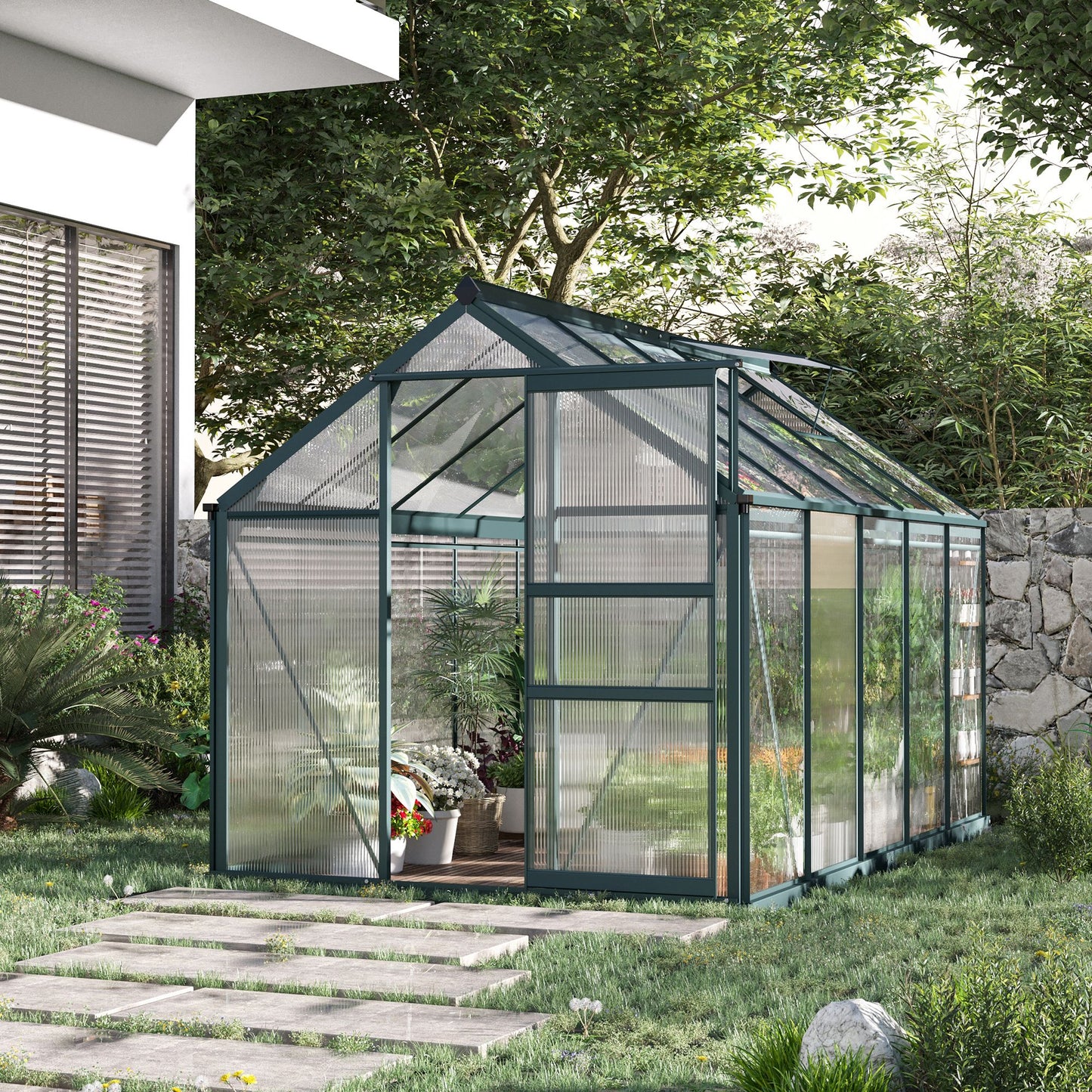 Outsunny Aluminium Frame Greenhouse Large Walk-In Greenhouse Garden Plants Grow Galvanized Base w/ Slide Door (10ft x 6ft) - OutdoorBox