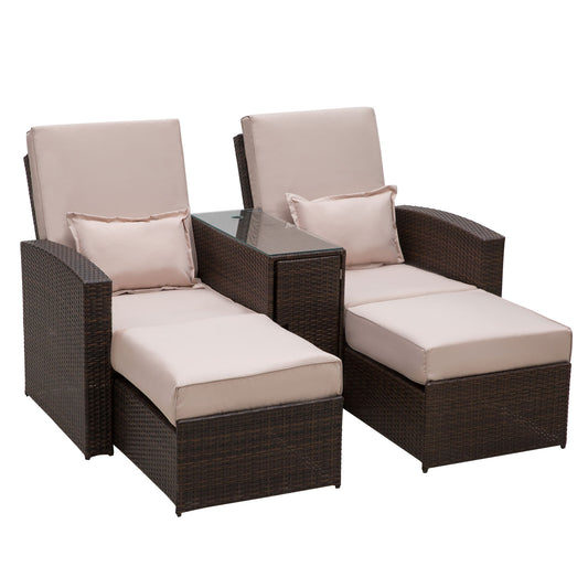 Outsunny Outdoor Garden Rattan Companion Sofa Chair & Stool Lounger Recliner Love Sunbed Daybed Patio Wicker Weave Furniture Set Assembled Brown - OutdoorBox