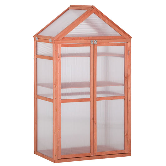 Outsunny 3-Tier Wooden Cold Frame Greenhouse Garden Polycarbonate Grow House w/ Adjustable Shelves, Double Doors, 80 x 47 x 138 cm, Orange