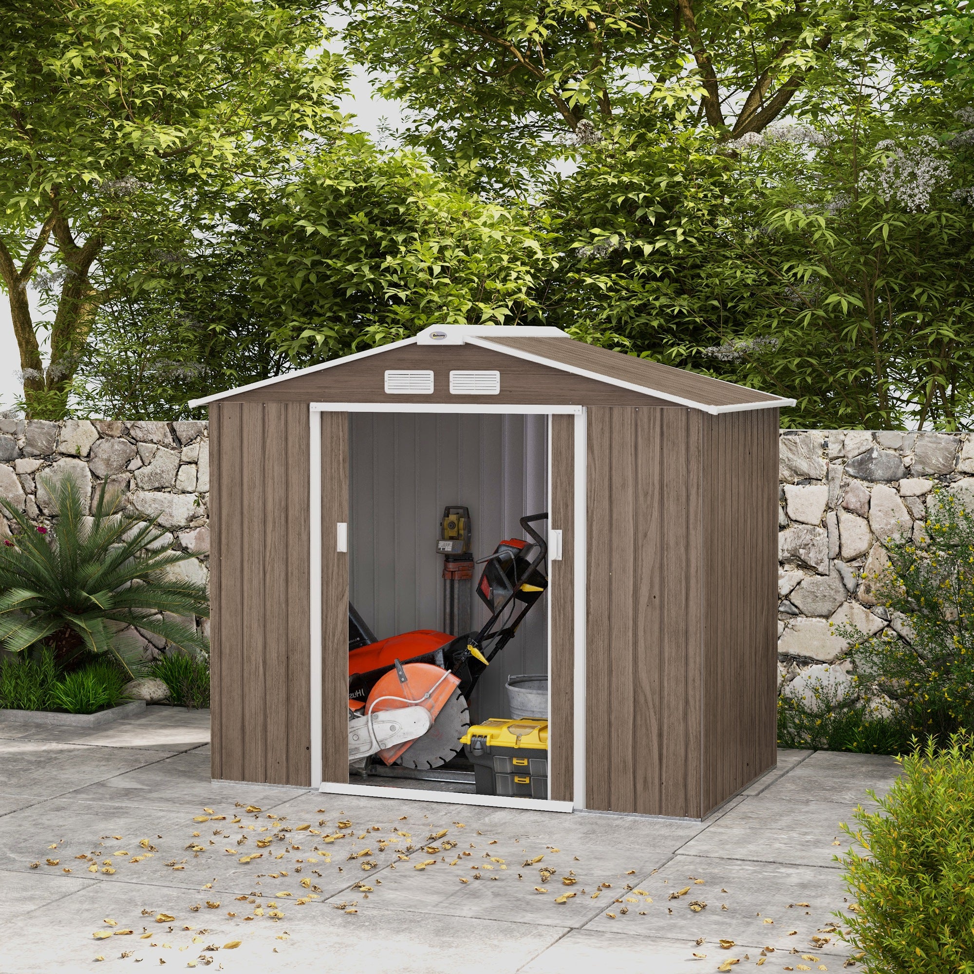 Outsunny 7 x 4ft Metal Garden Storage Shed with Vents, Floor Foundation and Lockable Double Doors, Brown - OutdoorBox