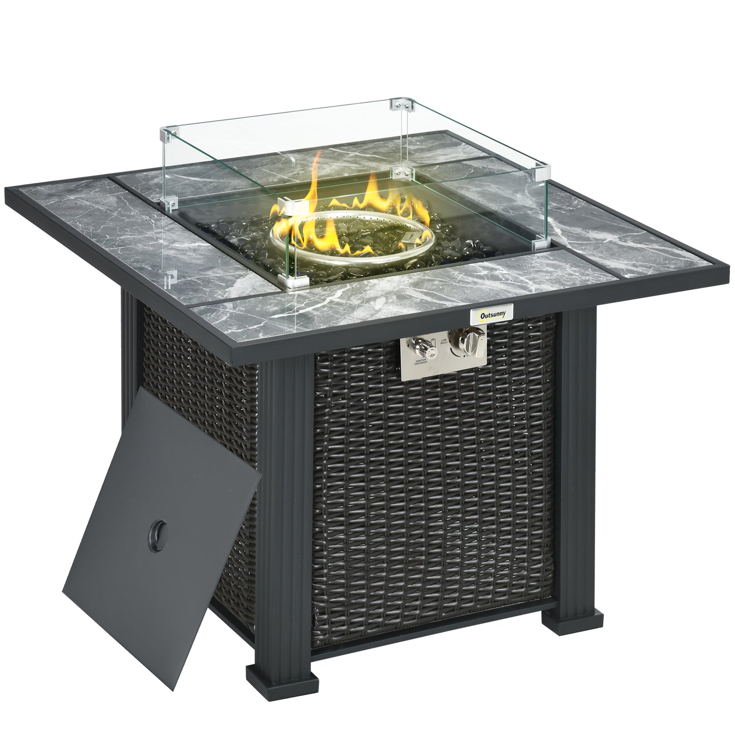 Outsunny Outdoor PE Rattan Gas Fire Pit Table, Patio Square Propane Heater with Marble Desktop, Rain Cover, Glass Windscreen, and Glass Stones Black