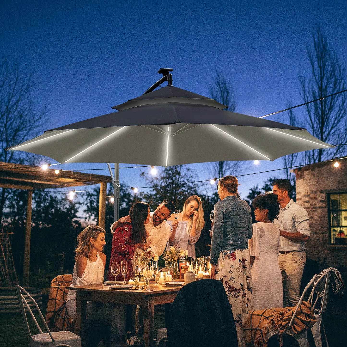 Outsunny 3(m) Cantilever Banana Parasol Hanging Umbrella with Double Roof, LED Solar lights, Crank, 8 Sturdy Ribs and Cross Base, Black