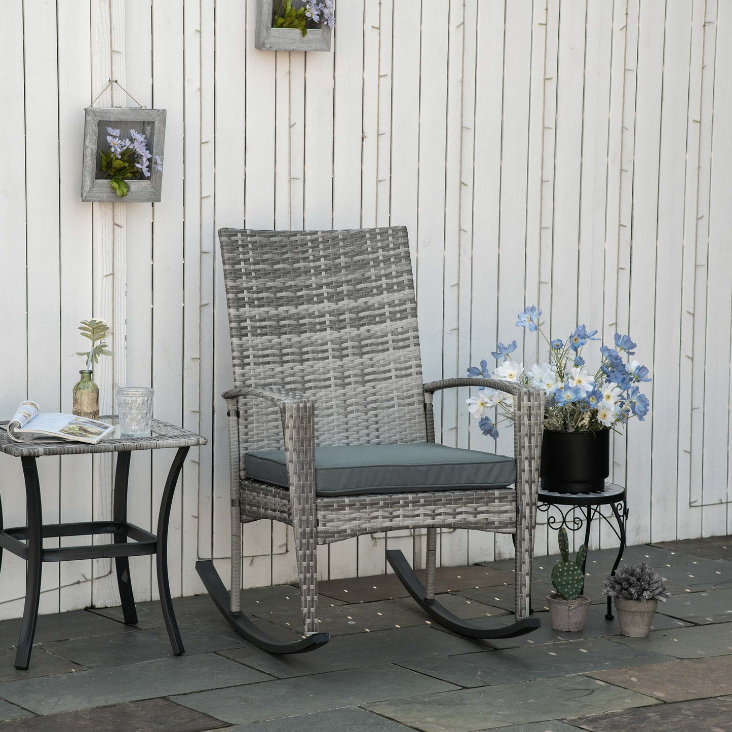 Outsunny Rattan Rocking Chair Rocker Garden Furniture Seater Patio Bistro Relaxer Outdoor Wicker Weave with Cushion - Light Grey - OutdoorBox