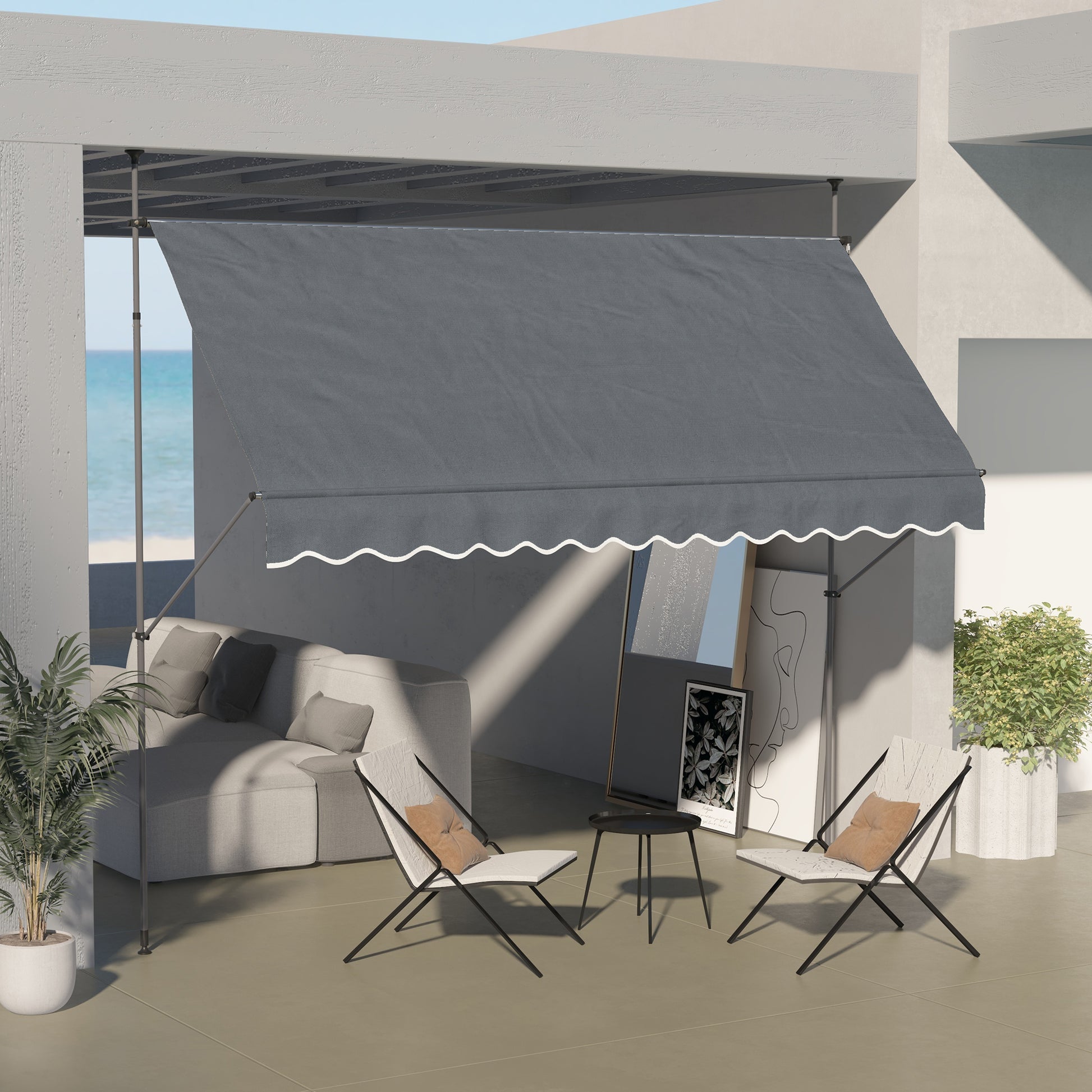 Outsunny 3.5 x 1.2m Retractable Awning, Free Standing Patio Sun Shade Shelter, UV Resistant, for Window and Door, Dark Grey - OutdoorBox