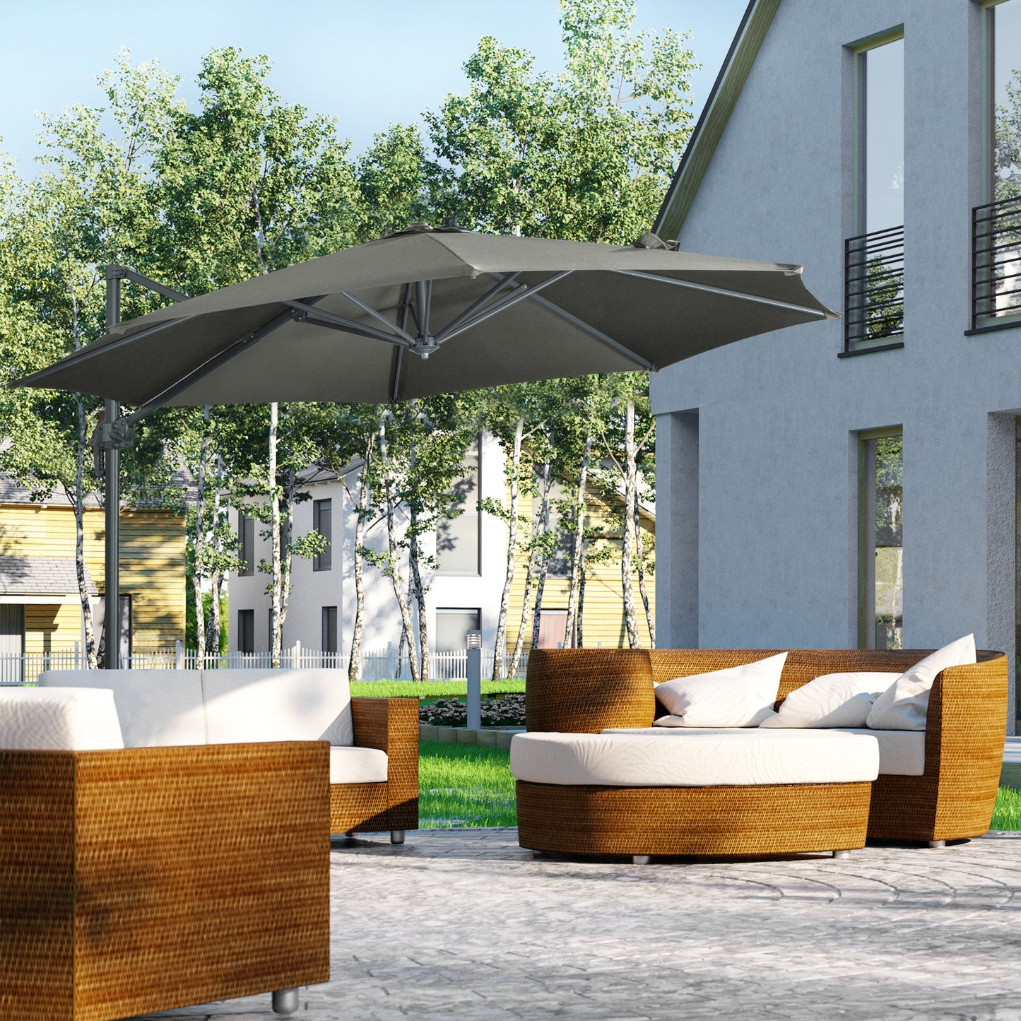 Outsunny 3 x 3(m) Cantilever Parasol with Cross Base, Garden Umbrella with 360� Rotation, Crank Handle and Tilt for Outdoor, Patio, Grey