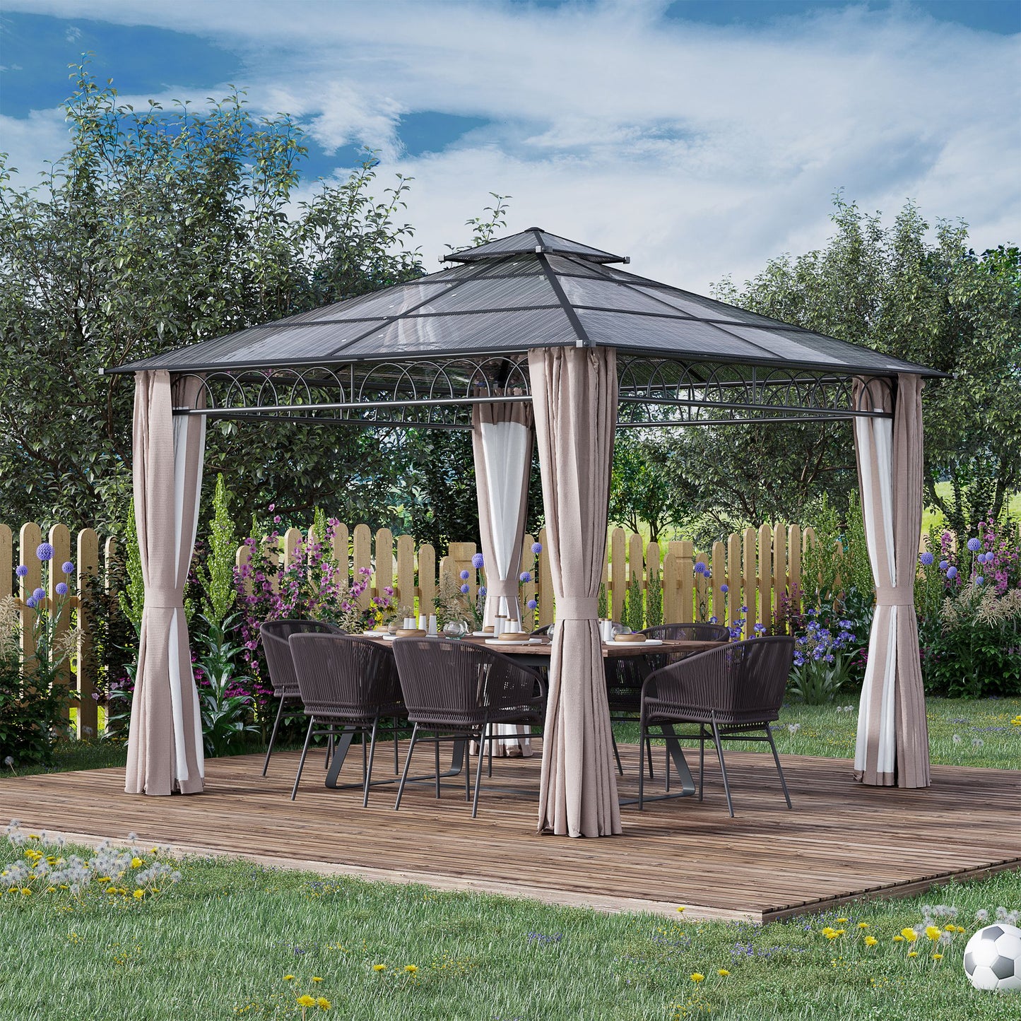 Outsunny 3 x 3 (m) Outdoor Polycarbonate Gazebo, Double�Roof Hard Top Gazebo with�Galvanized Steel Frame, Nettings�&�Curtains