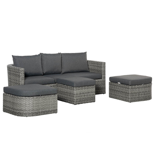 Outsunny 5-Seater Outdoor PE Rattan Sofa Set, Patio Wicker Conversation Double Chaise Lounge Furniture Set w/ Side Table, Large Daybed, Mixed Grey