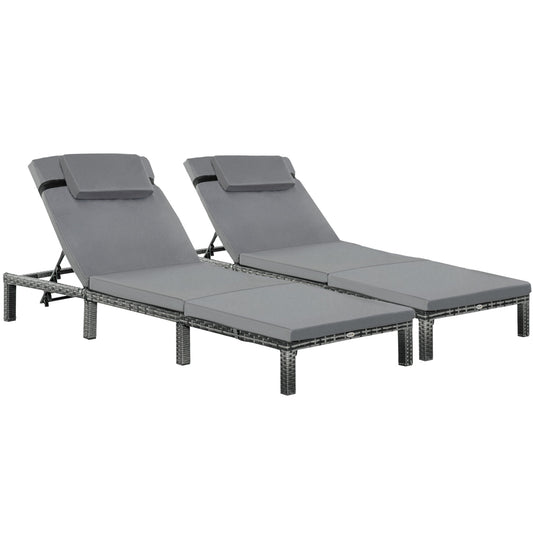 Outsunny 2 Pieces Outdoor PE Rattan Sun Loungers set of 2 with Cushion, Garden Wicker Sunbed Furniture with 5-Level Recliner Backrest, Grey - OutdoorBox