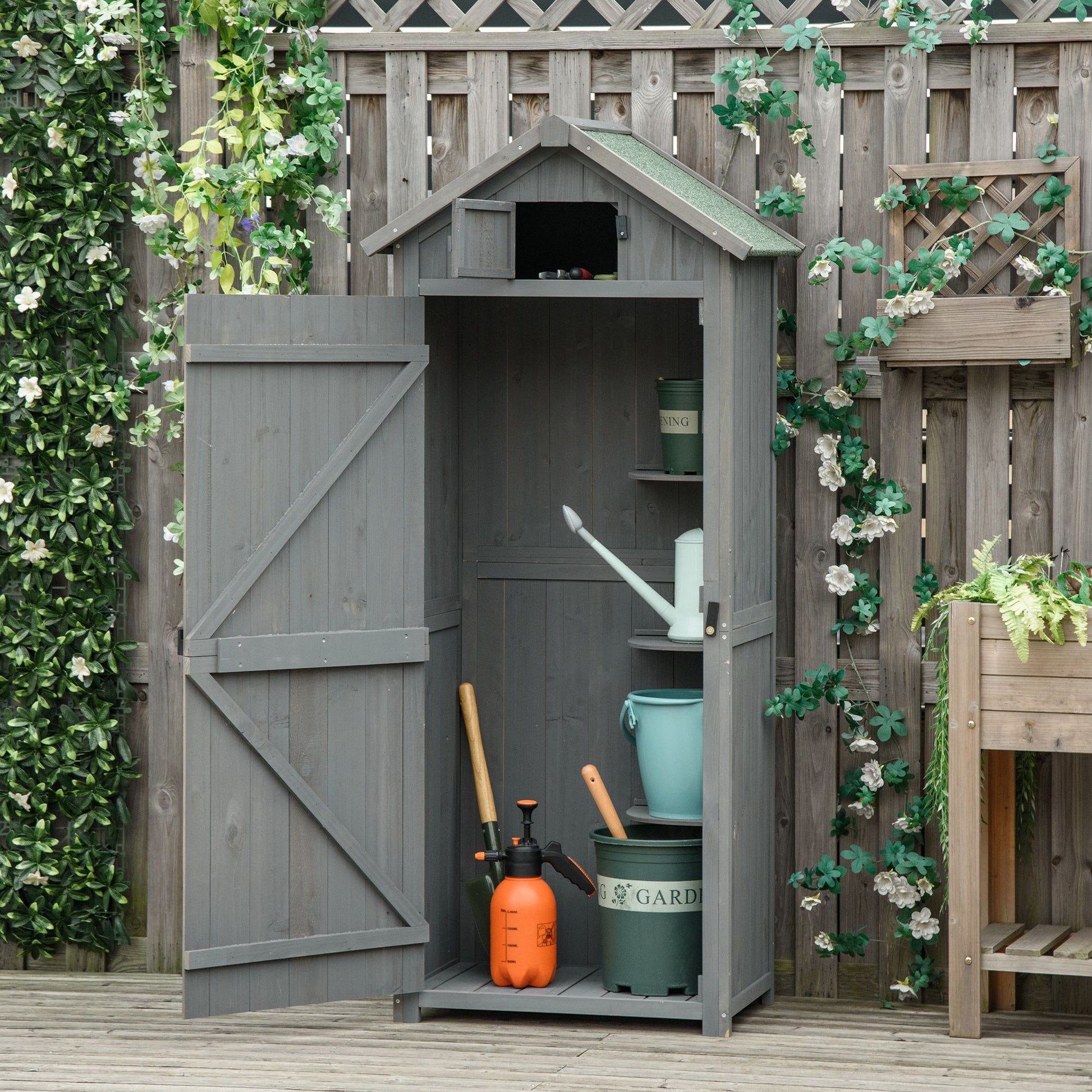 Outsunny Garden Shed Vertical Utility 3 Shelves Shed Wood Outdoor Garden Tool Storage Unit Storage Cabinet, 77 x 54.2 x 179cm - Grey - OutdoorBox