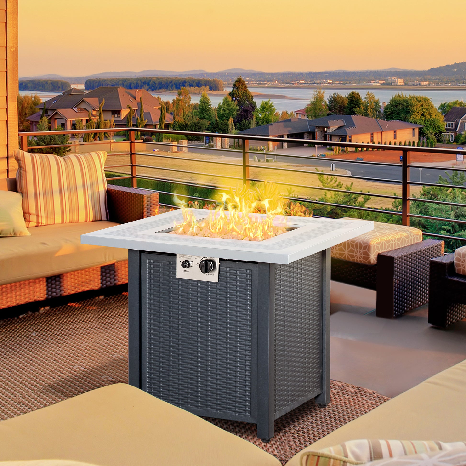 Outsunny Square Propane Gas Fire Pit Table, 40000 BTU Rattan Smokeless Firepit Patio Heater with Lava Rocks and Lid, 71cm x 71cm x 62cm, Black - OutdoorBox