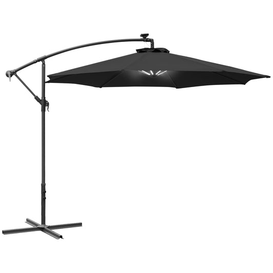 Outsunny 3(m) LED Banana Parasol Garden Cantilever Umbrella with Solar Lights, Crank Handle and Cross Base, Hanging Sun Shade, Black