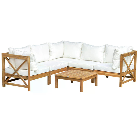 Outsunny 6pcs Patio Furniture Set Garden Sofa Set 1 Coffee Table Suitable with Cushions for Outdoor Indoor Balcony Poolside Acacia Wood Cream White