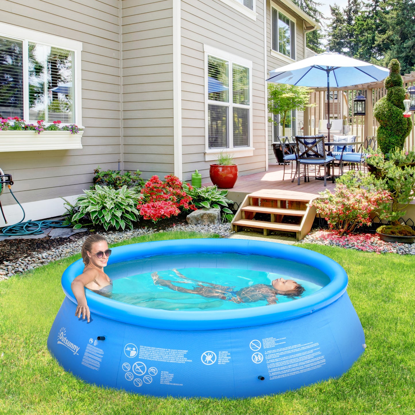 Outsunny Inflatable Family Swimming Pool, Family-Sized Round Paddling Pool w/ Hand Pump for Kids, Adults, Outdoor, Garden, 274cm x 76cm, Blue