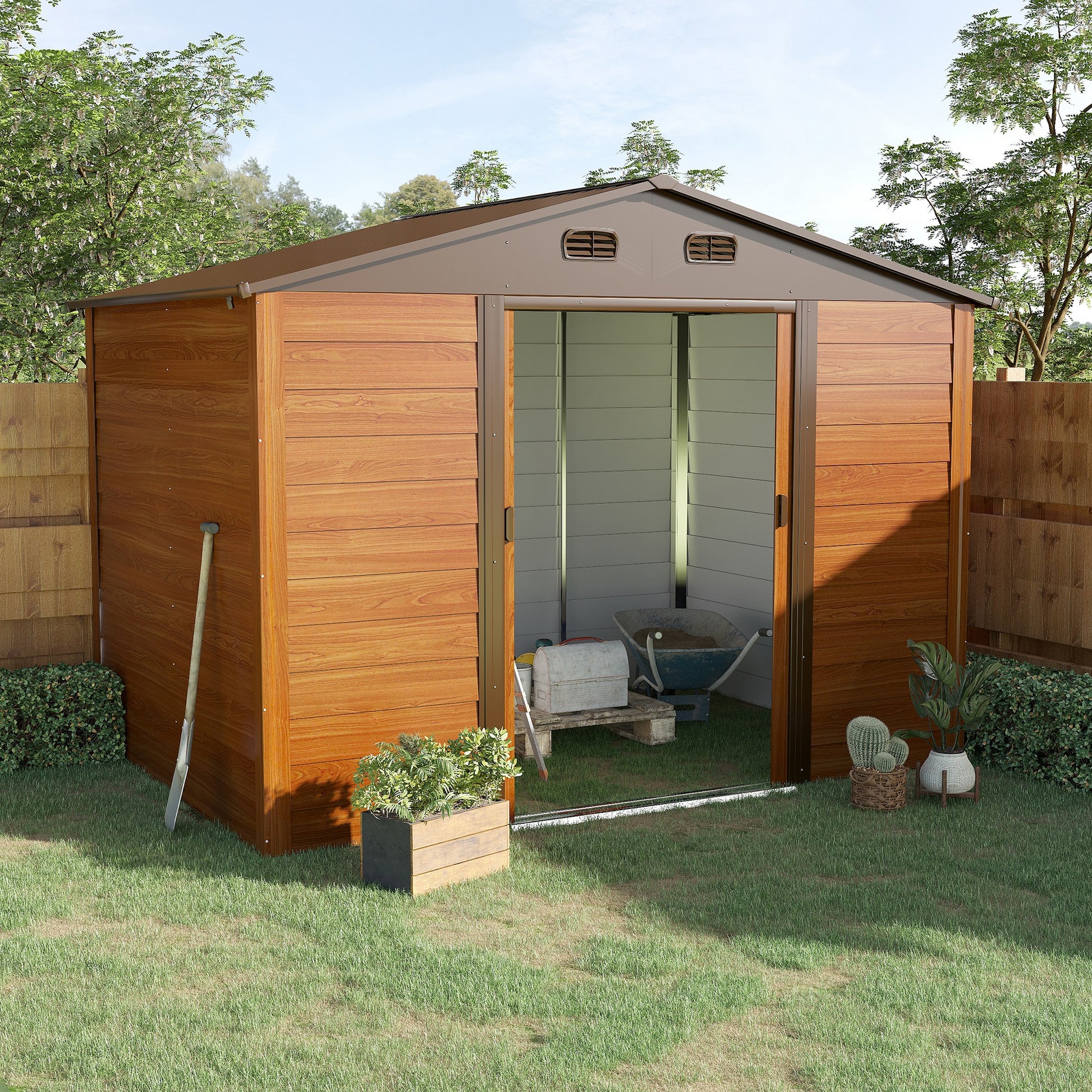 Outsunny 9 x 6.5 ft Metal Garden Storage Shed Apex Store for Gardening Tool with Foundation and Ventilation, Brown with Wood Grain - OutdoorBox