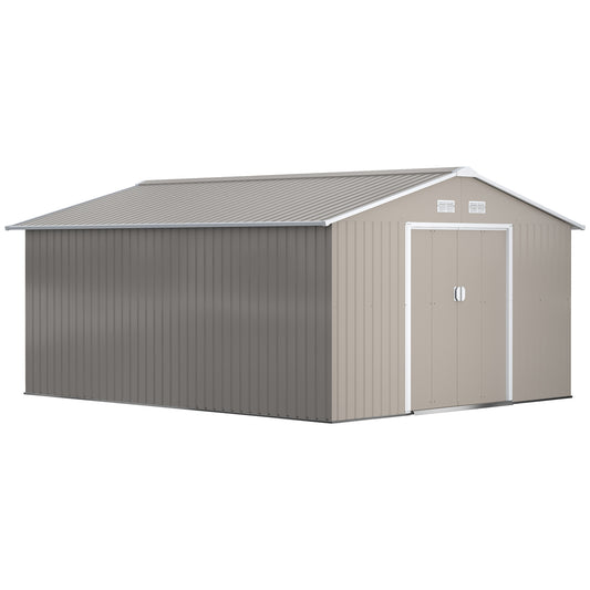 Outsunny 13 x 11ft Garden Metal Storage Shed Outdoor Storage Shed with Foundation Ventilation & Doors, Light Grey - OutdoorBox