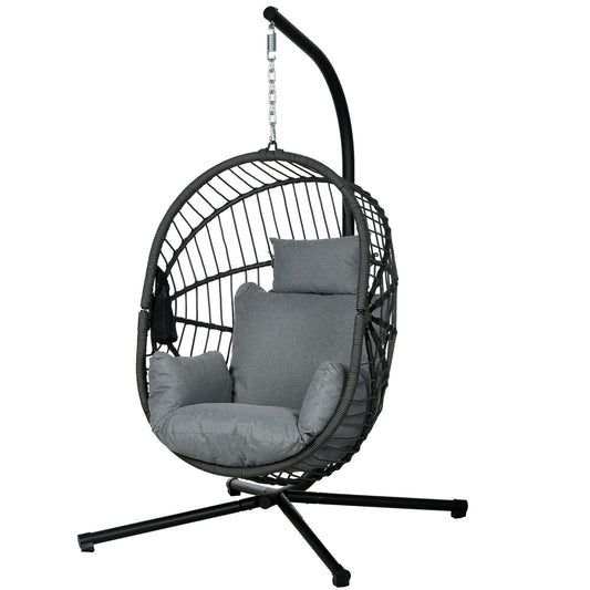 Outsunny Outdoor Swing Chair with Thick Padded Cushion, Patio Hanging Chair with Metal Stand, Foldable Basket, Cup Holder, Rope Structure, for Indoor and Outdoor, Grey