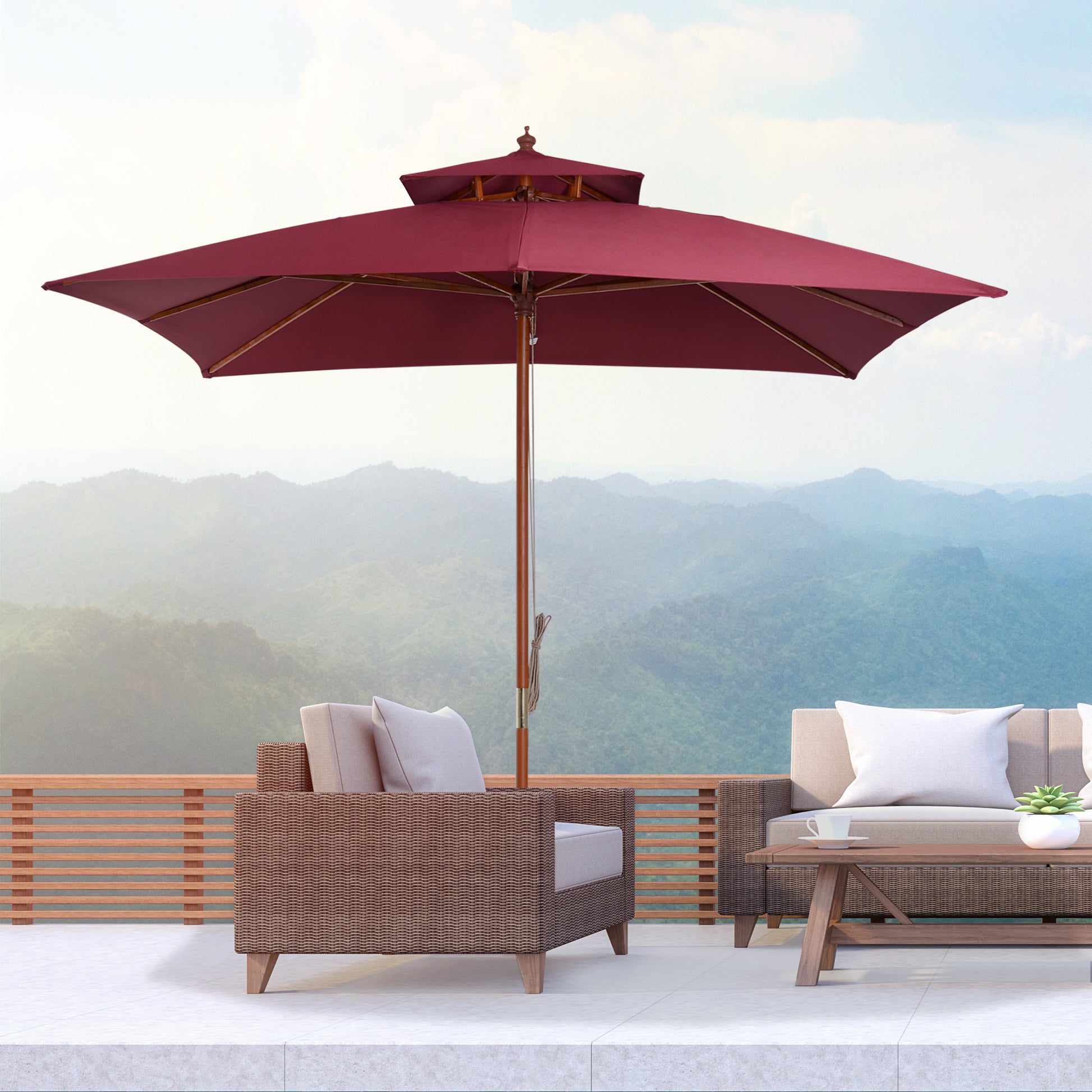 Outsunny 3m Patio Umbrella Bamboo Umbrella Parasol-Wine Red - OutdoorBox