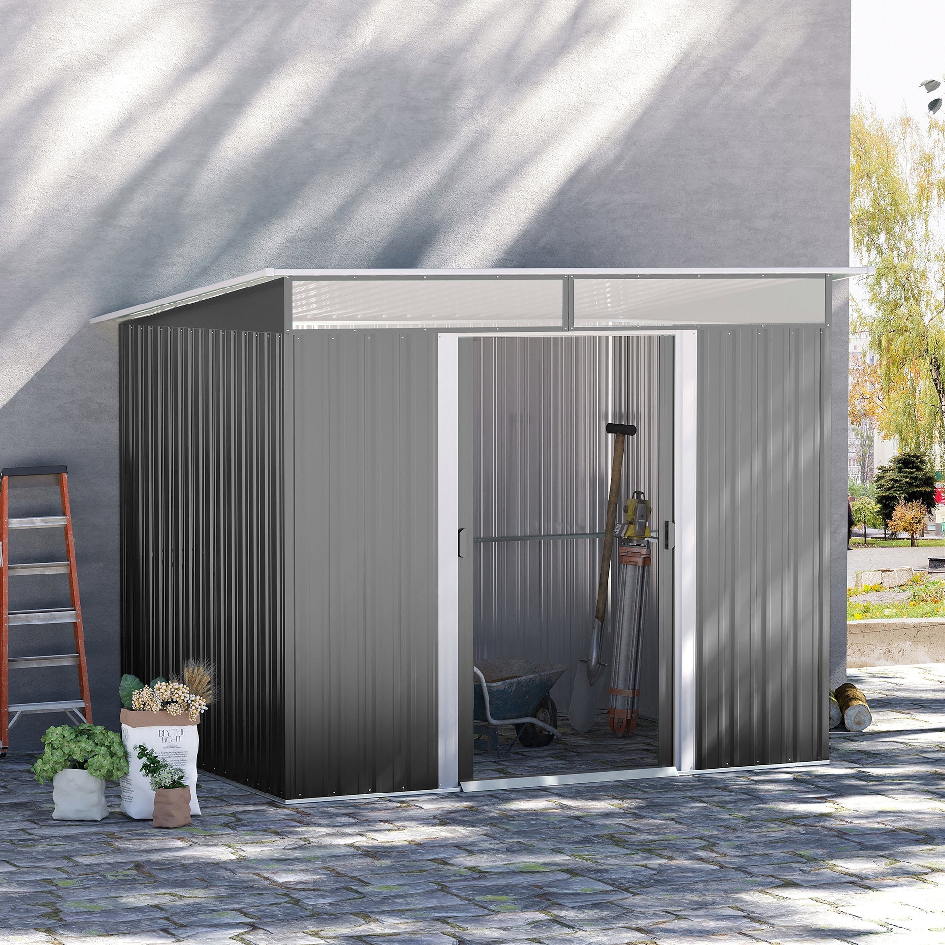 Outsunny Garden Metal Storage Shed House Hut Gardening Tool Storage w/ Tilted Roof and Ventilation 9 x 6ft, Grey - OutdoorBox