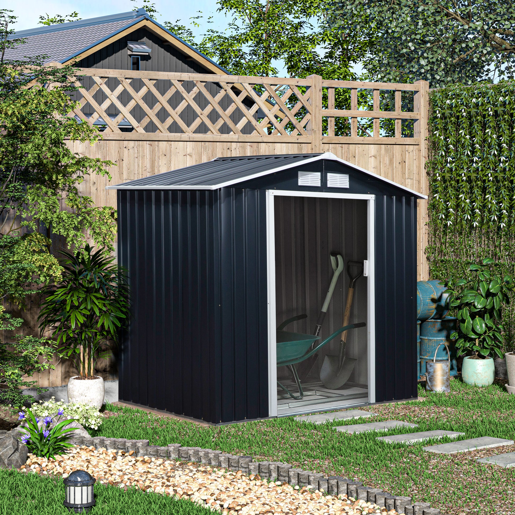 Outsunny Lockable Garden Shed Large Patio Roofed Tool Metal Storage Building Foundation Sheds Box Outdoor Furniture, 7ft x 4ft, Dark Grey - OutdoorBox