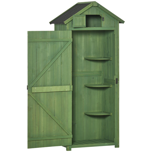 Outsunny Garden Shed Vertical Utility 3 Shelves Shed Wood Outdoor Garden Tool Storage Unit Storage Cabinet, 77 x 54.2 x 179cm - Green - OutdoorBox