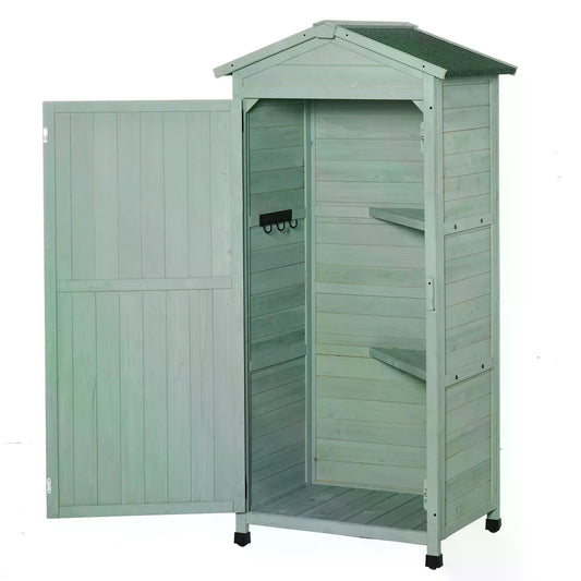 Outsunny Wooden Garden Cabinet 3-Tier Storage Shed 2 Shelves Lockable Organizer with Hooks Foot Pad 74 x 55 x 155cm Green