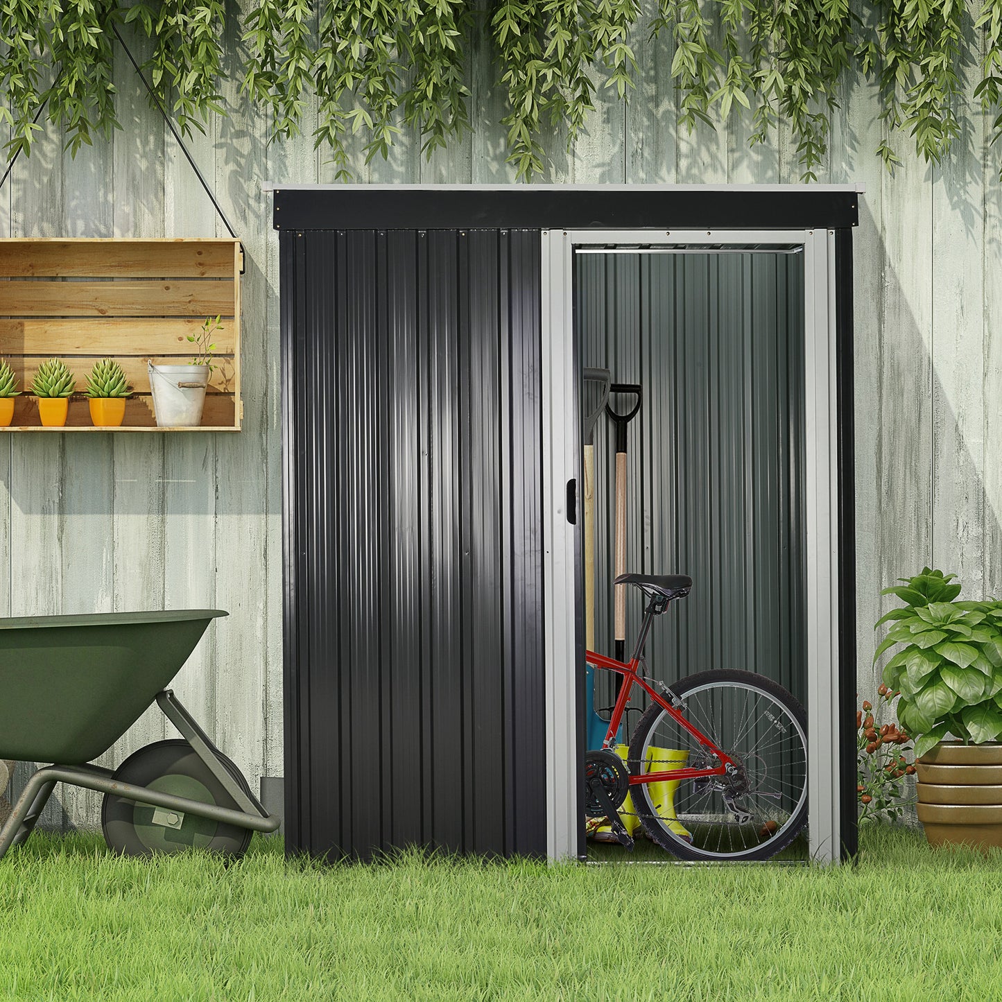 Outsunny 2 x 3ft Garden Storage Shed with Sliding Door and Sloped Roof Outdoor Equipment Tool Backyard, Black