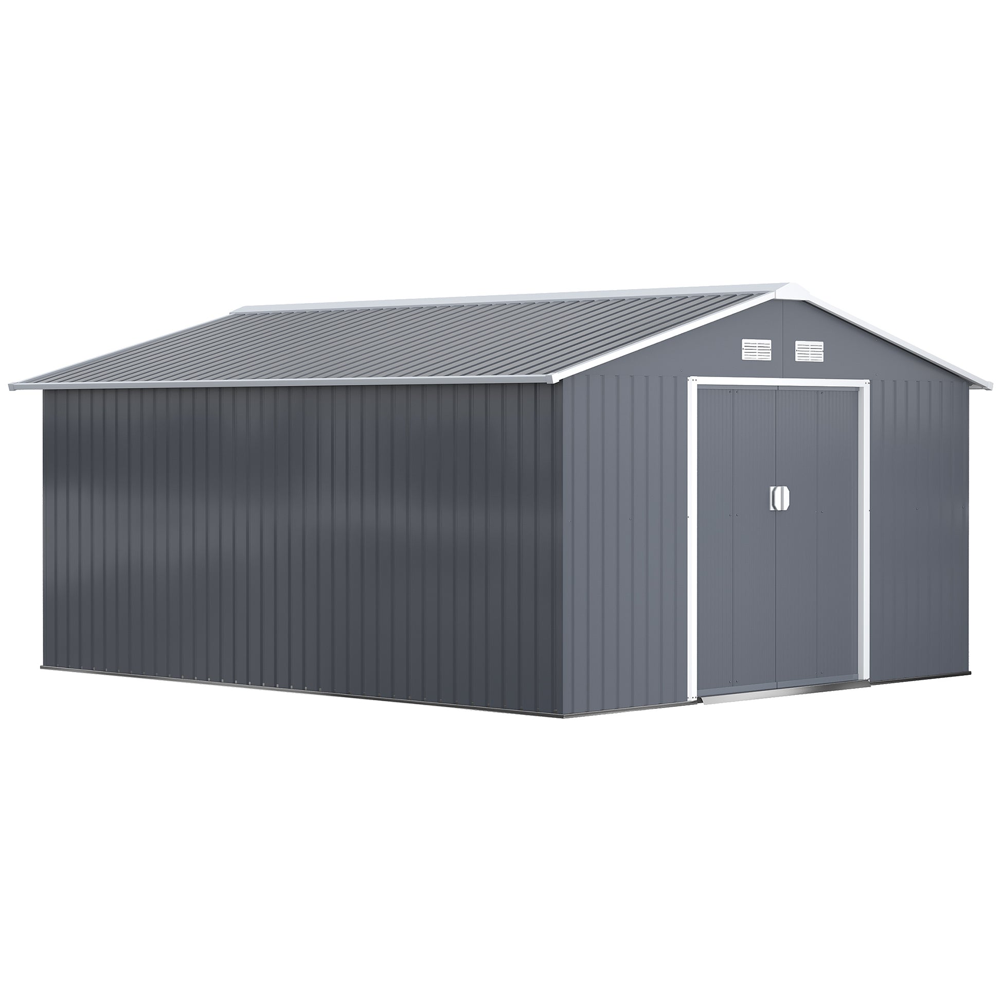 Outsunny 13 x 11ft Foundation Ventilation Steel Outdoor Garden Shed Grey - OutdoorBox