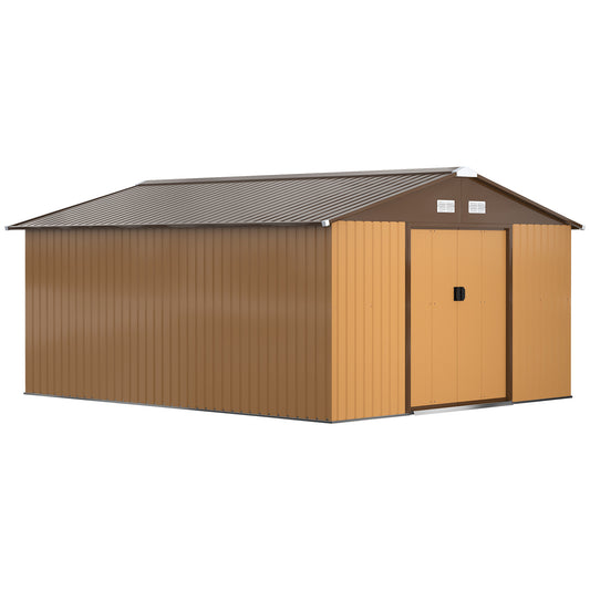 Outsunny 13 x 11 ft Metal Garden Shed Large Patio Roofed Tool Storage Box with Foundation Ventilation and Sliding Doors, Yellow - OutdoorBox