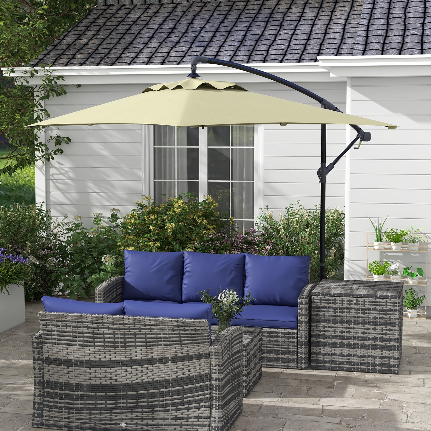 Outsunny 3x2m Cantilever Parasol with Cross Base, Banana Parasol with Crank Handle and 6 Ribs, Rectangular Hanging Patio Umbrella for Outdoor Pool, Garden, Balcony, Beige